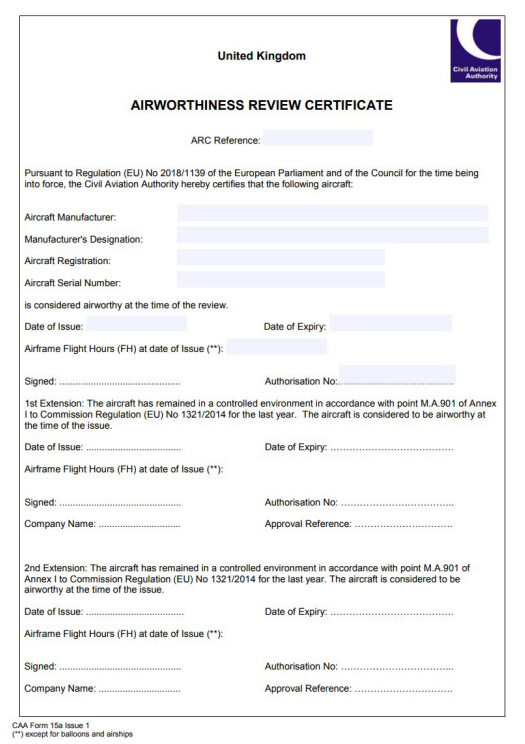UK CAA Form 15a Airworthiness Review Certificate